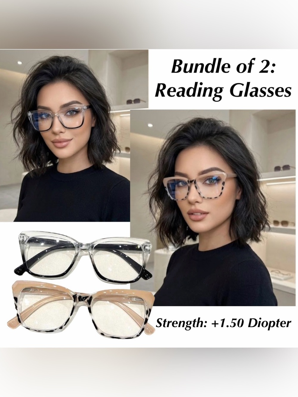 Bundle of 2 Reading Glasses in Clear and Tortoiseshell - +1.50 Diopter
